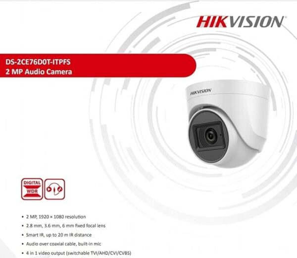 HIKVISION 2MP Dome with inbuilt Mic DS-2CE76D0T-ITPFS + USEWELL BNC/DC, White Wireless 1080p - Image 3