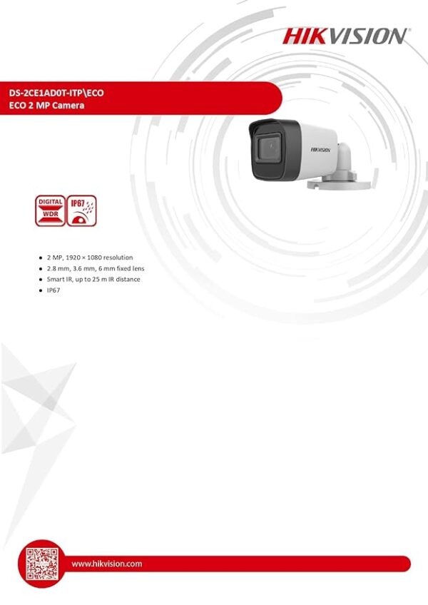 HIKVISION 2MP Outdoor Bullet Wired CCTV 1080p Camera [DS-2CE1AD0T-ITP/ECO] with USEWELL BNC/DC for 2MP & Above DVR, White - Image 3