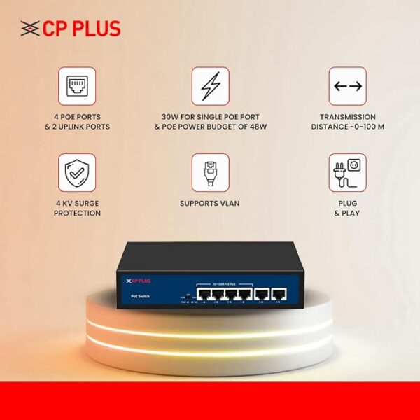 CP Plus 6 Ports Fast Ethernet with 4 PoE Ports (1000 Mbps) & 2 Uplink Ports (100 Mbps) POE Switch | Max. 30W Output of Single PoE Port | LED Light... - Image 3