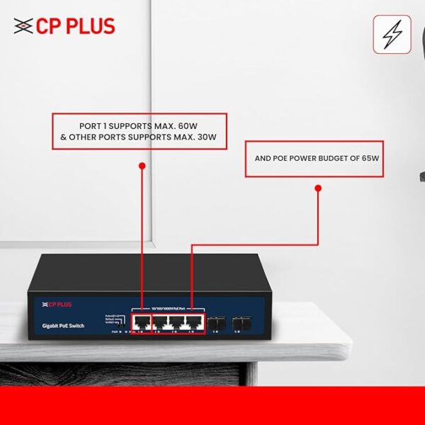 CP Plus 6 Ports with 4 Gigabit PoE Ports (100/1000 Mbps) & 2 SFP Gigabit Uplink Ports (1000Mbps) PoE Switch | Supports Max. 60W, and Other Ports 30W|... - Image 2